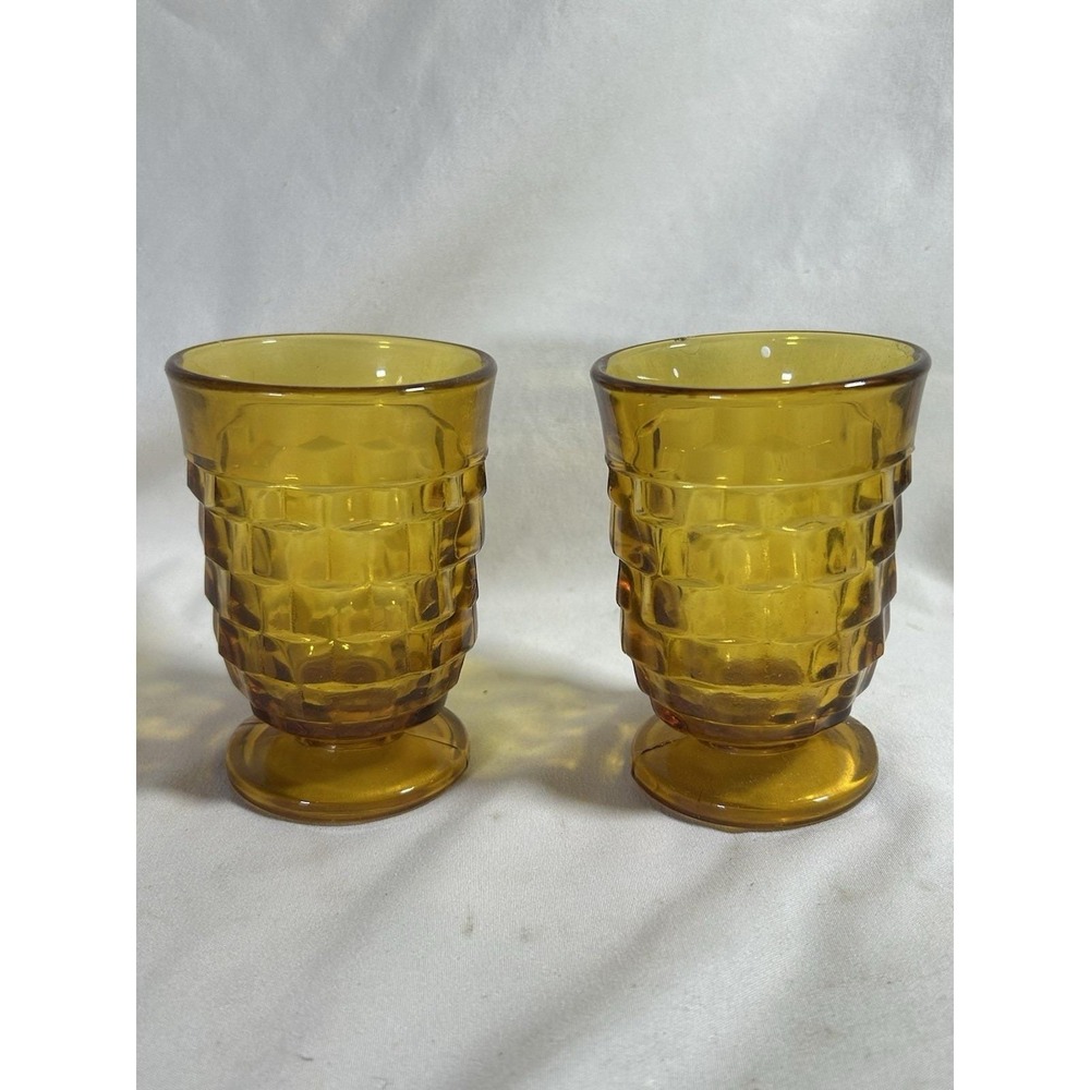 Vtg Set of 2 Indiana Glass Amber Whitehall Cubist Footed Glasses 4 1/2"